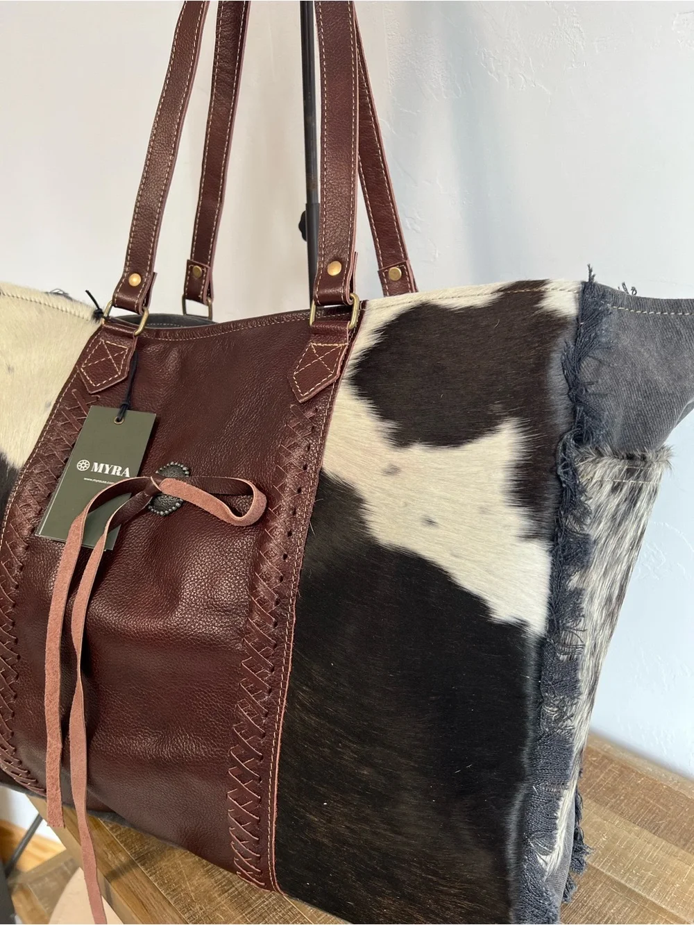 Myra Bag Cowhide Weekender Tote Overnight Leather Western Boho Shoulder Carry-on - Picture 11 of 13